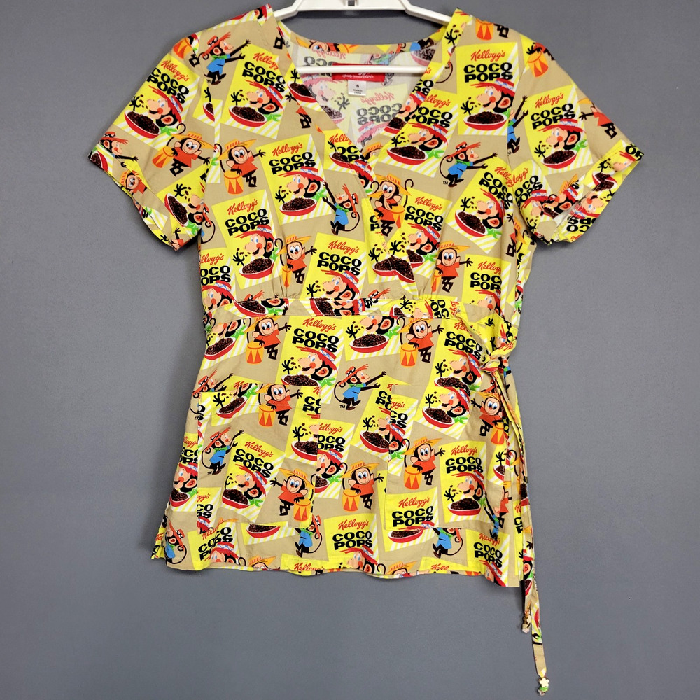 Kellogg's Coco Pops Scrubs Top Womens Small Cartoon Print Tie Waist Graphic